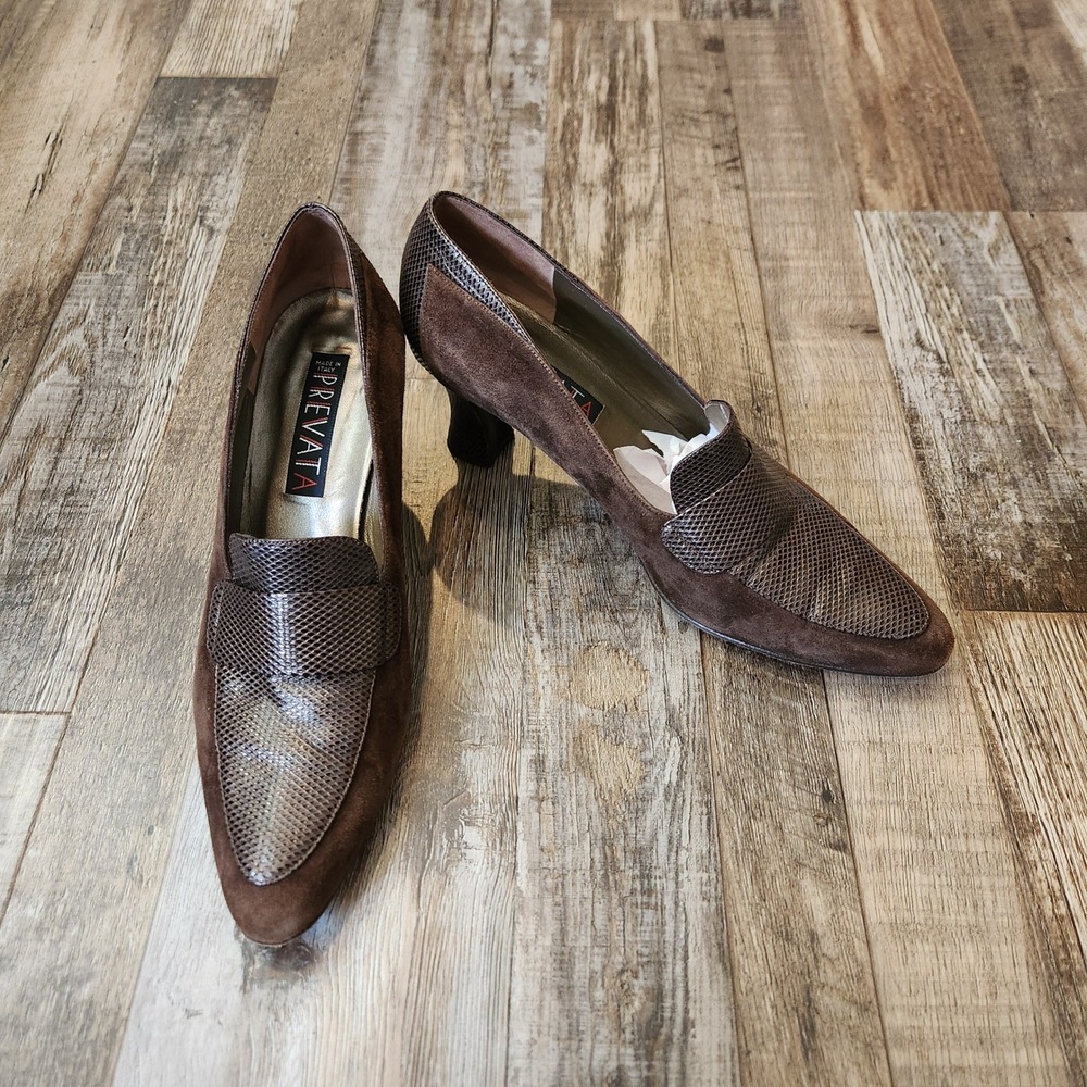 Prevata Brown Suede Snakeskin Embossed Leather Loafer Pumps Made in Italy 9B